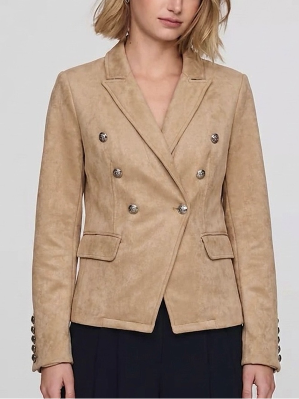 T Tahari Faux Suede Military Jacket Womens Size 4 Camel Double Breasted Blazer